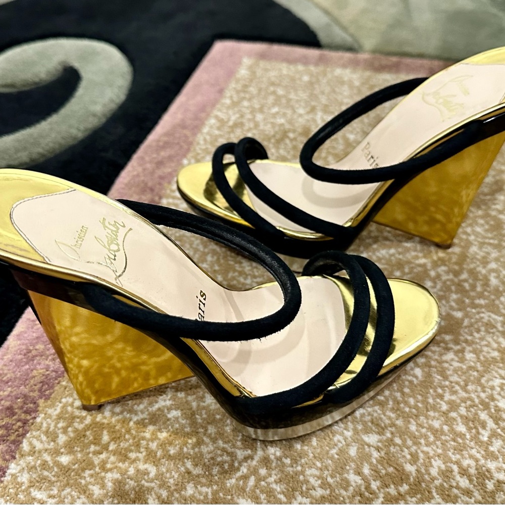 Christian Louboutin Metallic Gold Black Suede Strappy Mules